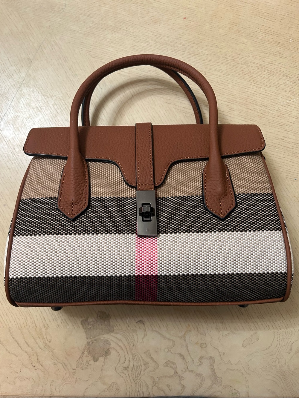 Structured Plaid COWHIDE Leather-Trim Striped Satchel